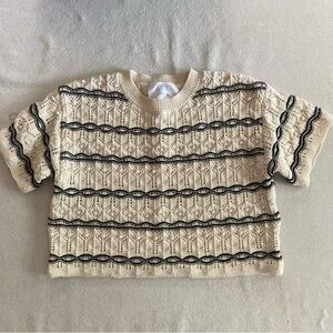 Zara Cream Knit Short Sleeve Crochet with Black Stripe Detail